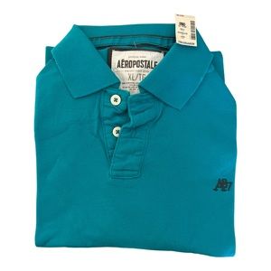 NWT Aeropostale Mens short sleeve polo with frayed details on collar. Teal Green